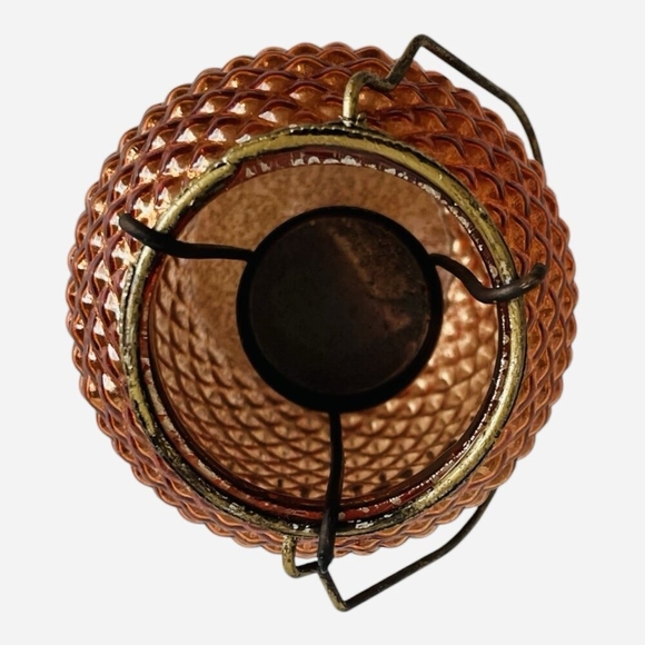 Pair of 5" Amber Diamond Point Glass Candle Holder Lanterns with Metal Handles - Picture 5 of 6